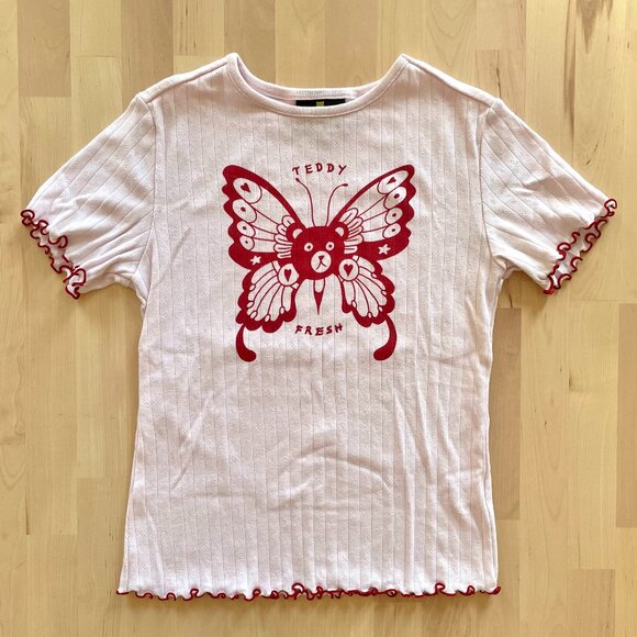 Teddy Fresh Women's Bear Butterfly Pink Pointelle Lettuce Edge Blouse size XS - Picture 1 of 5